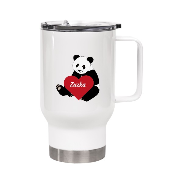 Cestovní termohrnek s uchem s potiskem Termohrnek Panda Srdce se jménem